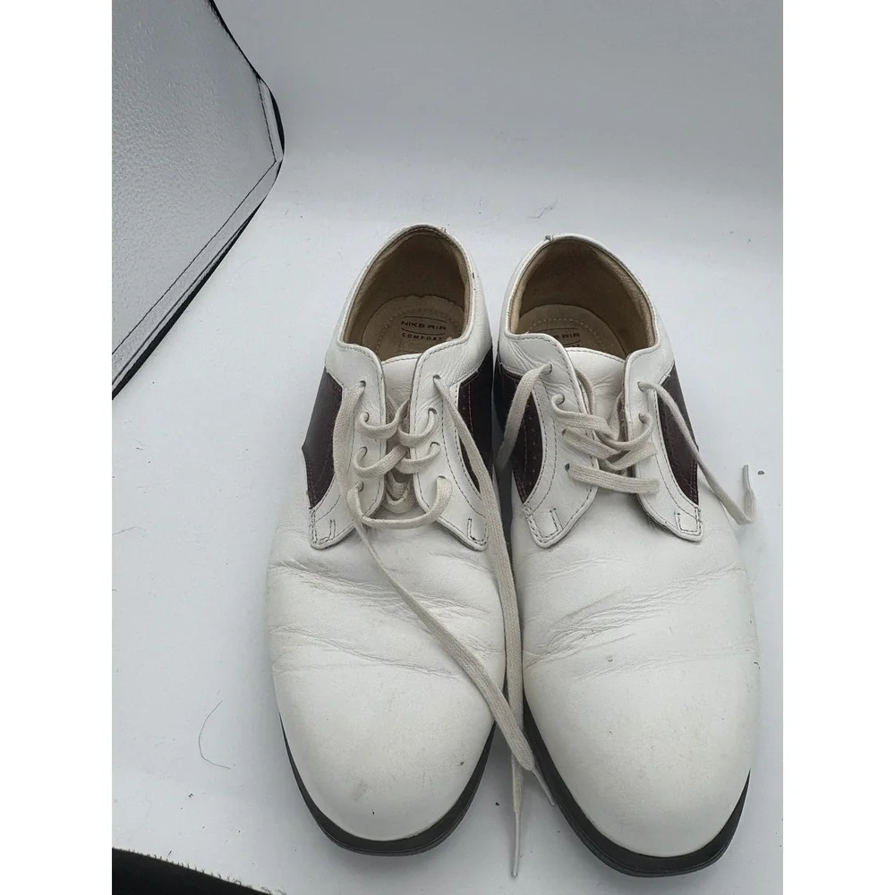Nike Air Comfort Golf Shoes Mens Size 8 White Brown Leather Spiked‎ Sneakers
